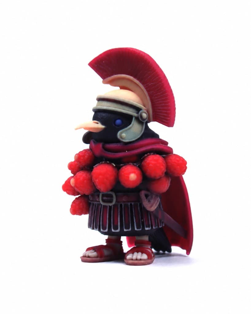Hand-painted figurine of a raven dressed as a Roman legionary