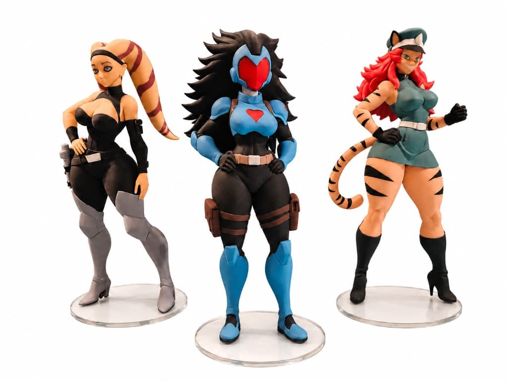Three hand-painted custom character figurines on clear stands